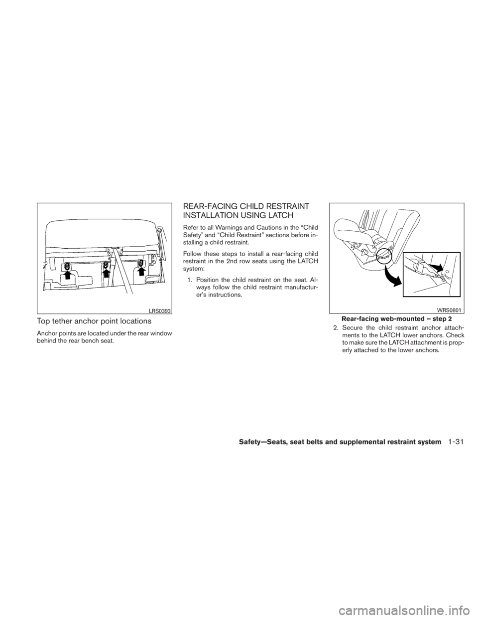NISSAN TITAN 2010 Service Manual Top tether anchor point locations
Anchor points are located under the rear window
behind the rear bench seat.
REAR-FACING CHILD RESTRAINT
INSTALLATION USING LATCH
Refer to all Warnings and Cautions in