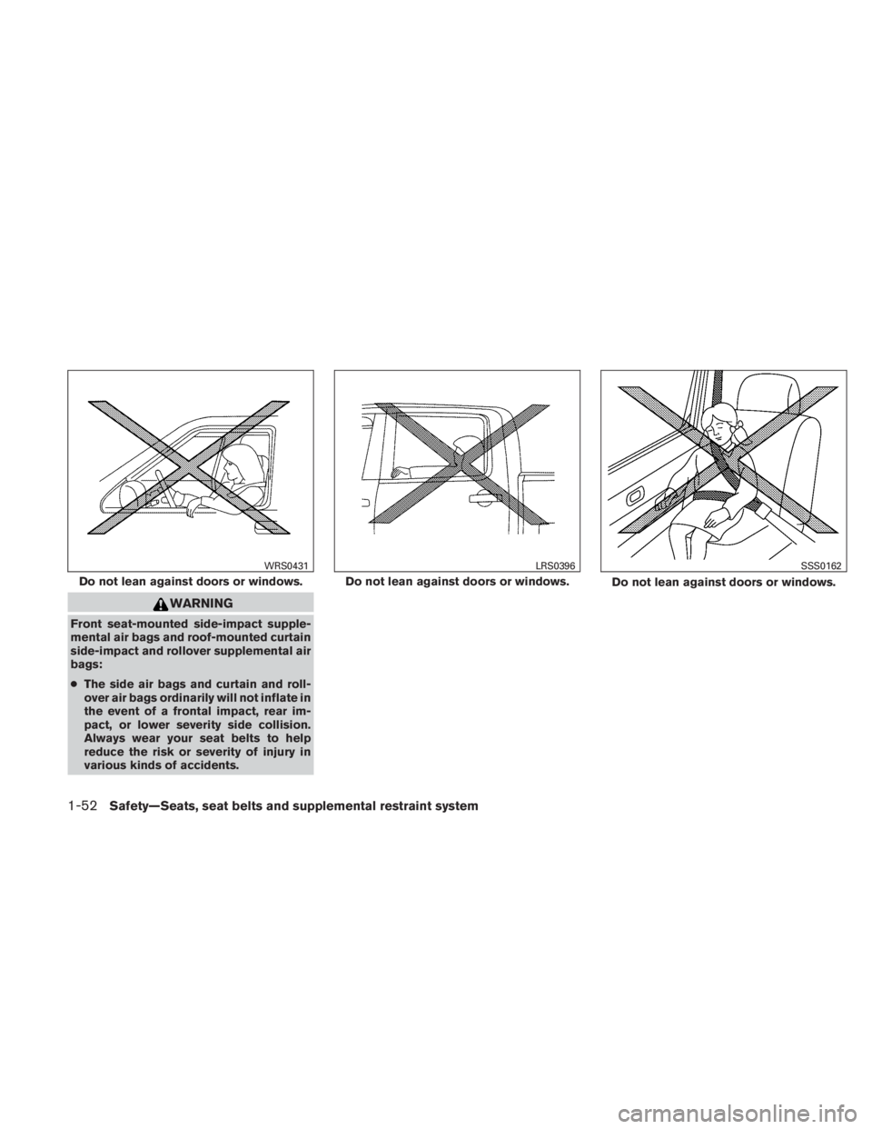 NISSAN TITAN 2010 Repair Manual WARNING
Front seat-mounted side-impact supple-
mental air bags and roof-mounted curtain
side-impact and rollover supplemental air
bags:
●The side air bags and curtain and roll-
over air bags ordinar