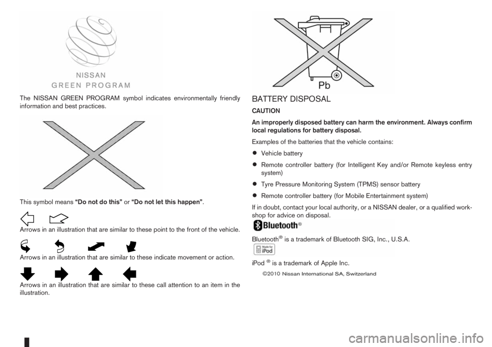 NISSAN NOTE 2012  Owners Manual The NISSAN GREEN PROGRAM symbol indicates environmentally friendly
information and best practices.
This symbol means“Do not do this”or“Do not let this happen”.
Arrows in an illustration that a