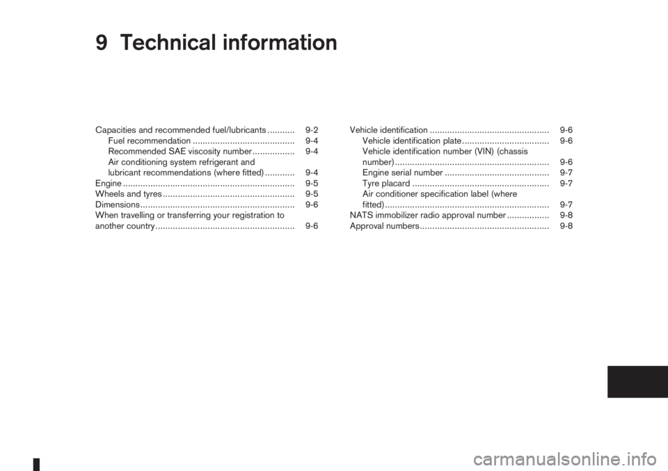 NISSAN NOTE 2012  Owners Manual 9Technical informationTechnical information
Capacities and recommended fuel/lubricants ........... 9-2
Fuel recommendation ......................................... 9-4
Recommended SAE viscosity numbe