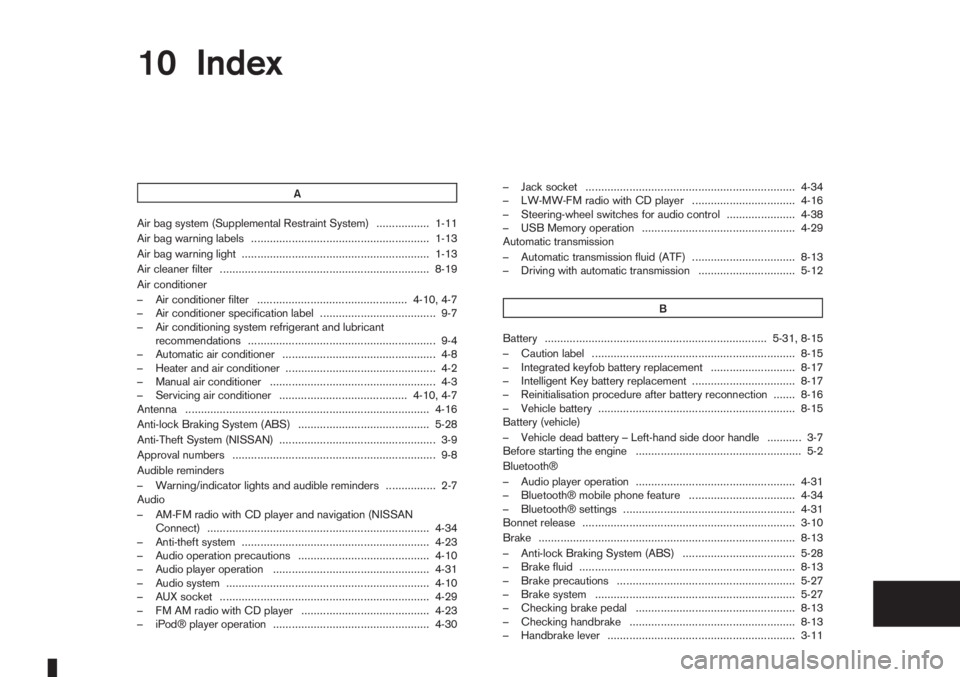 NISSAN NOTE 2012  Owners Manual 10 Index
A
Air bag system (Supplemental Restraint System) ................. 1-11
Air bag warning labels ......................................................... 1-13
Air bag warning light ...........