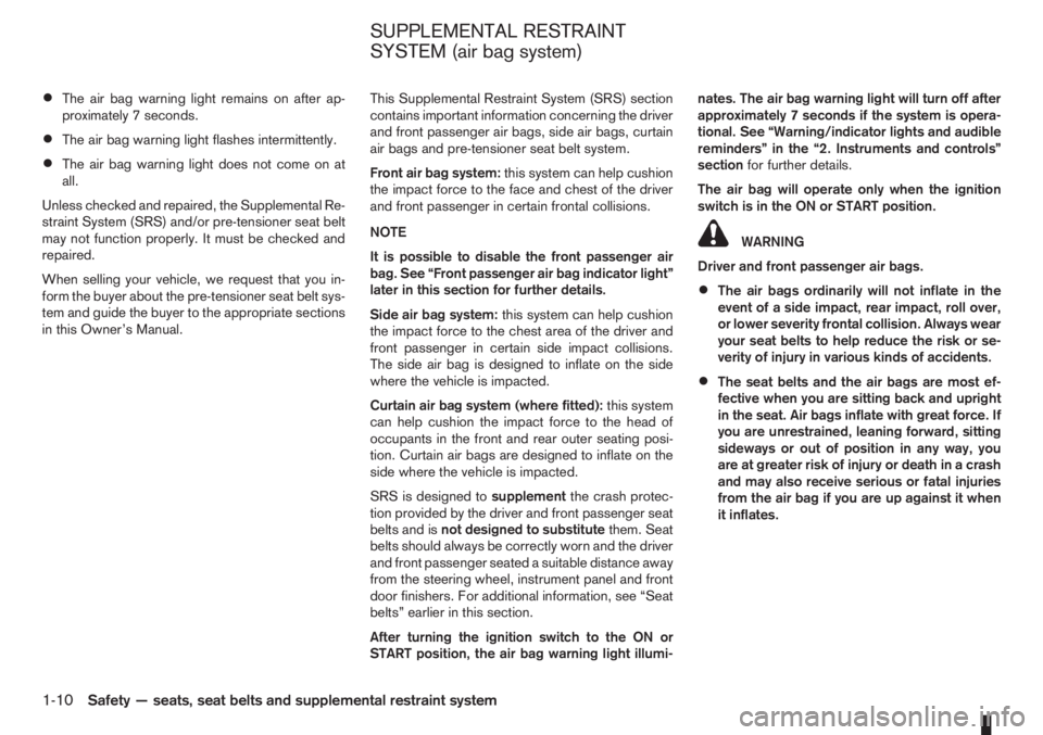 NISSAN NOTE 2012 Owners Manual •The air bag warning light remains on after ap-
proximately 7 seconds.
•The air bag warning light flashes intermittently.
•The air bag warning light does not come on at
all.
Unless checked and r