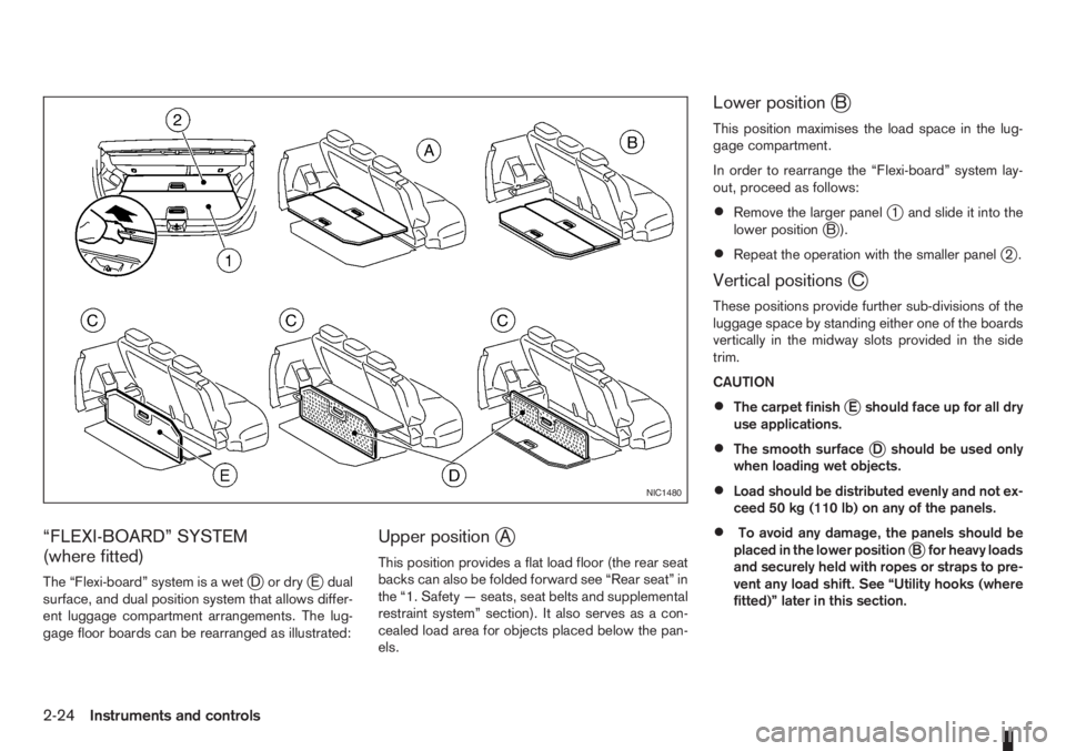 NISSAN NOTE 2012  Owners Manual “FLEXI-BOARD” SYSTEM
(where fitted)
The “Flexi-board” system is a wetjDordryjE dual
surface, and dual position system that allows differ-
ent luggage compartment arrangements. The lug-
gage fl