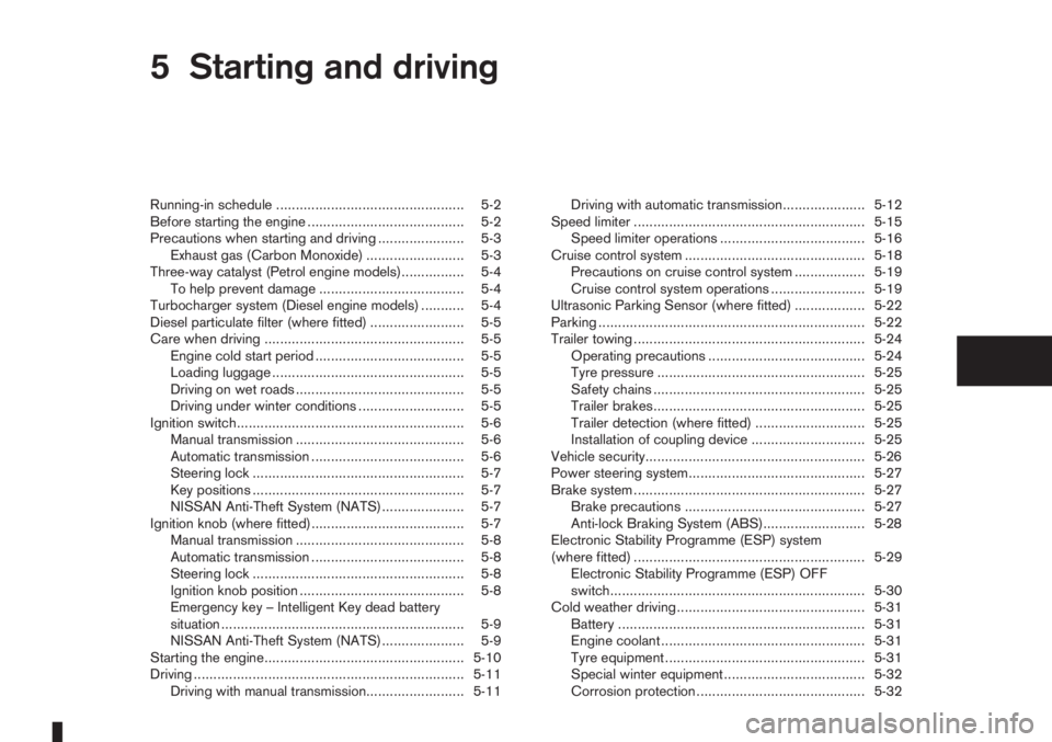 NISSAN NOTE 2011  Owners Manual 5Starting and drivingStarting and driving
Running-in schedule ................................................ 5-2
Before starting the engine ........................................ 5-2
Precautions w