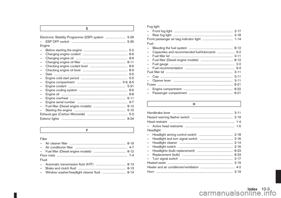 NISSAN NOTE 2010  Owners Manual E
Electronic Stability Programme (ESP) system ...................... 5-29
– ESP OFF switch ........................................................... 5-30
Engine
– Before starting the engine ....