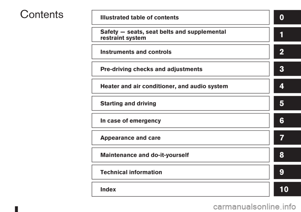 NISSAN NOTE 2010  Owners Manual ContentsIllustrated table of contents0
Safety — seats, seat belts and supplemental
restraint system1
Instruments and controls2
Pre-driving checks and adjustments3
Heater and air conditioner, and aud