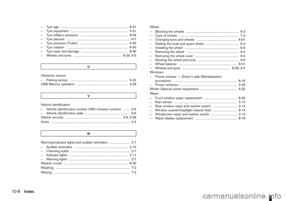 NISSAN NOTE 2008 Owners Manual – Tyre age ........................................................................ 8-31
– Tyre equipment .............................................................. 5-31
– Tyre inflation pre NISSAN NOTE 2008 Owners Manual – Tyre age ........................................................................ 8-31
– Tyre equipment .............................................................. 5-31
– Tyre inflation pre