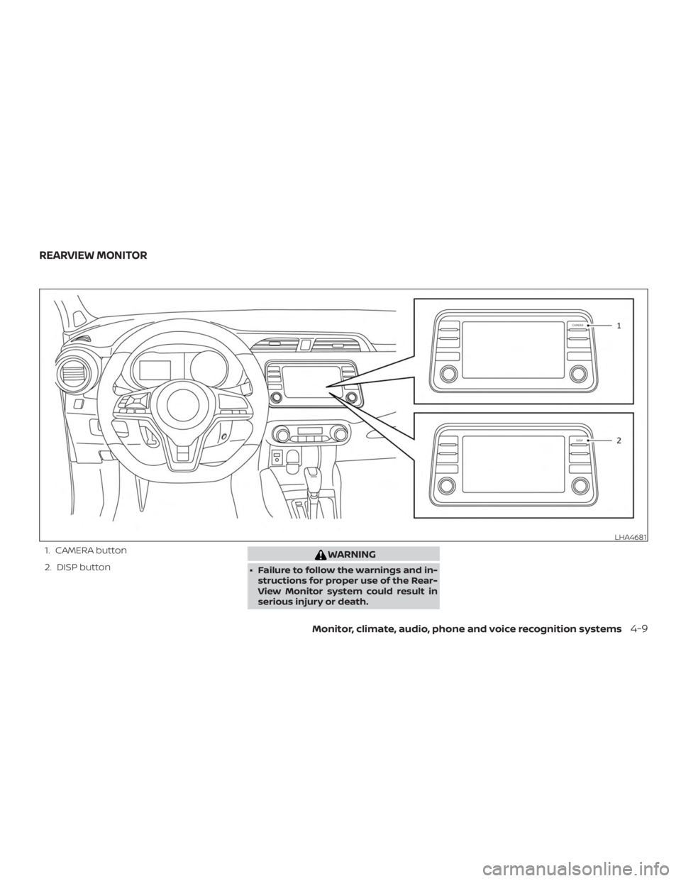 NISSAN VERSA NOTE 2021 Owners Manual 1. CAMERA button
2. DISP button NISSAN VERSA NOTE 2021 Owners Manual 1. CAMERA button
2. DISP button