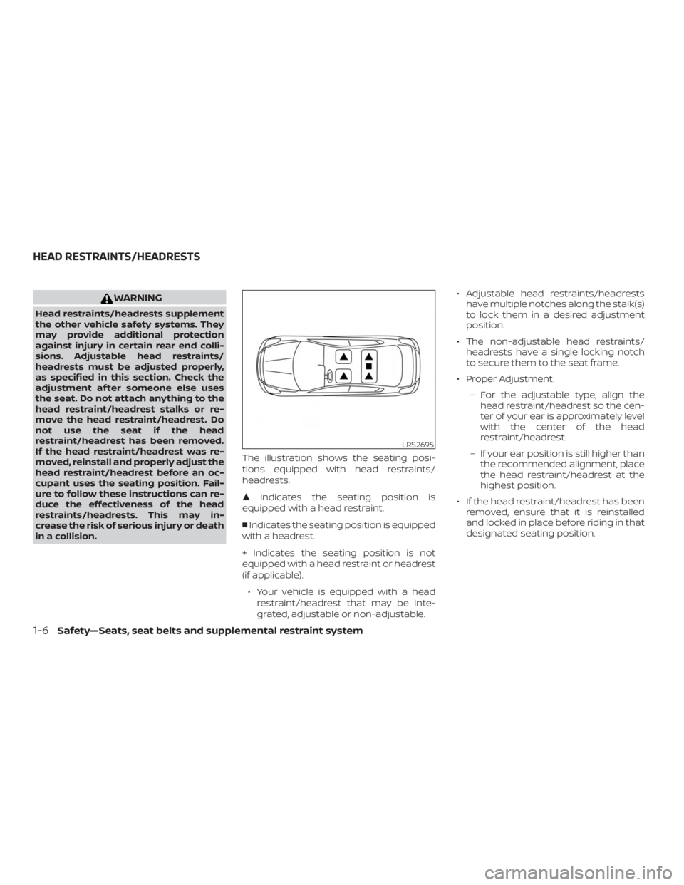 NISSAN VERSA NOTE 2021  Owners Manual WARNING
Head restraints/headrests supplement
the other vehicle safety systems. They
may provide additional protection
against injury in certain rear end colli-
sions. Adjustable head restraints/
headr