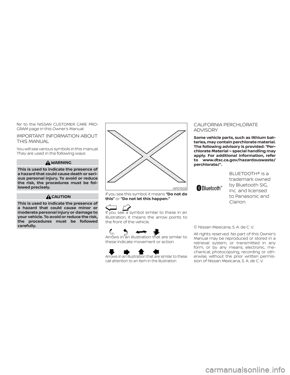 NISSAN VERSA NOTE 2021  Owners Manual fer to the NISSAN CUSTOMER CARE PRO-
GRAM page in this Owner’s Manual.
IMPORTANT INFORMATION ABOUT
THIS MANUAL
You will see various symbols in this manual.
They are used in the following ways: 