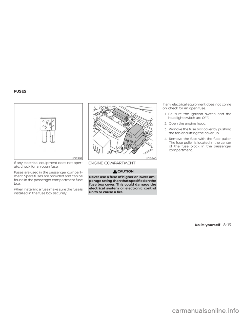 NISSAN VERSA NOTE 2021  Owners Manual If any electrical equipment does not oper-
ate, check for an open fuse.
Fuses are used in the passenger compart-
ment. Spare fuses are provided and can be
found in the passenger compartment fuse
box.
