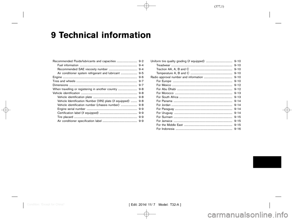 NISSAN X-TRAIL 2020  Owners Manual  
������� 
�> �(�G�L�W� ����� ��� � �0�R�G�H�O� �7����$�@ 
9 Technical information 
Recommended Fluids/lubricants andcapacities ....
............................. 9-2
Fuel informa