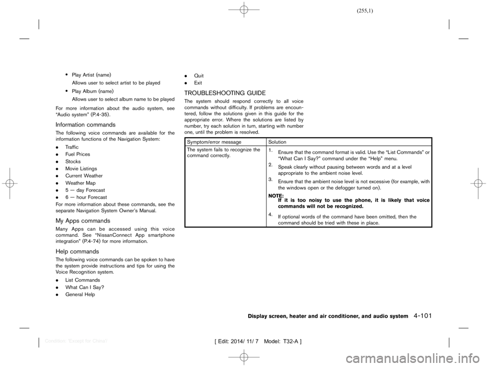 NISSAN X-TRAIL 2019  Owners Manual  
������� 
�> �(�G�L�W� ����� ��� � �0�R�G�H�O� �7����$�@ 
. 
Play Artist (name)
Allows usertoselect artisttobe played 
. 
Play Album (name)
Allows usertoselect album nametobe pla
