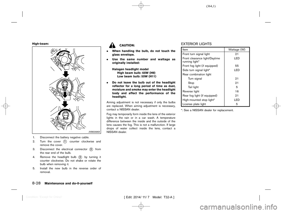 NISSAN X-TRAIL 2019  Owners Manual  
������� 
�> �(�G�L�W� ����� ��� � �0�R�G�H�O� �7����$�@ 
8-28 
Maintenance anddo-it-yours elf 
High-beam: 
GUID-2201 8305-9BAB- 4201-B6FC-C08EB94A EAE0 
JVM0396X 
1. Disconnect 