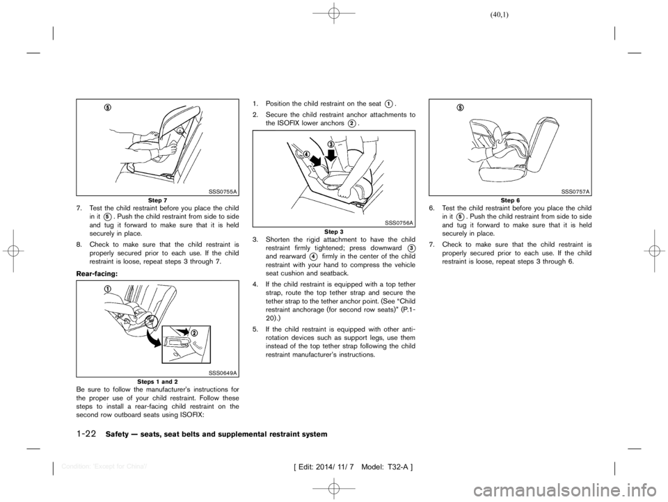 NISSAN X-TRAIL 2019 Owners Guide  
������ 
�> �(�G�L�W� ����� ��� � �0�R�G�H�O� �7����$�@ 
1-22 
Safety Ðseats, seatbelts andsupple mental restraint system 
SSS0755A 
Step 7 
7. Test the child restraint beforeyou