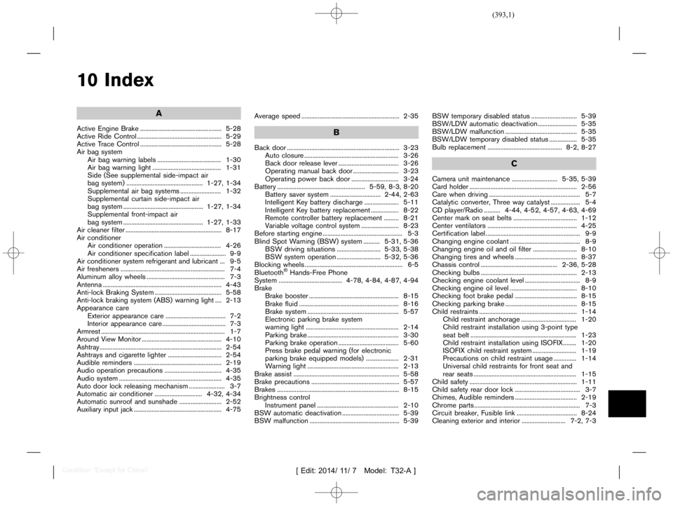 NISSAN X-TRAIL 2017  Owners Manual  
������� 
�> �(�G�L�W� ����� ��� � �0�R�G�H�O� �7����$�@ 
10 Index 
A 
Active Engine Brake...
............................................ ......5-28
Active RideControl ...
.....