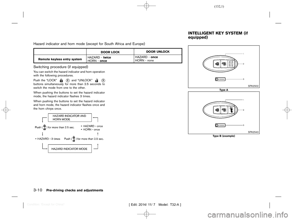 NISSAN X-TRAIL 2012  Owners Manual  
������� 
�> �(�G�L�W� ����� ��� � �0�R�G�H�O� �7����$�@ 
3-10 
Pre-driving checksandadjustments 
Hazard indicator andhorn mode (except forSouth AfricaandEurope) 
GUID-D05F8 A1A-