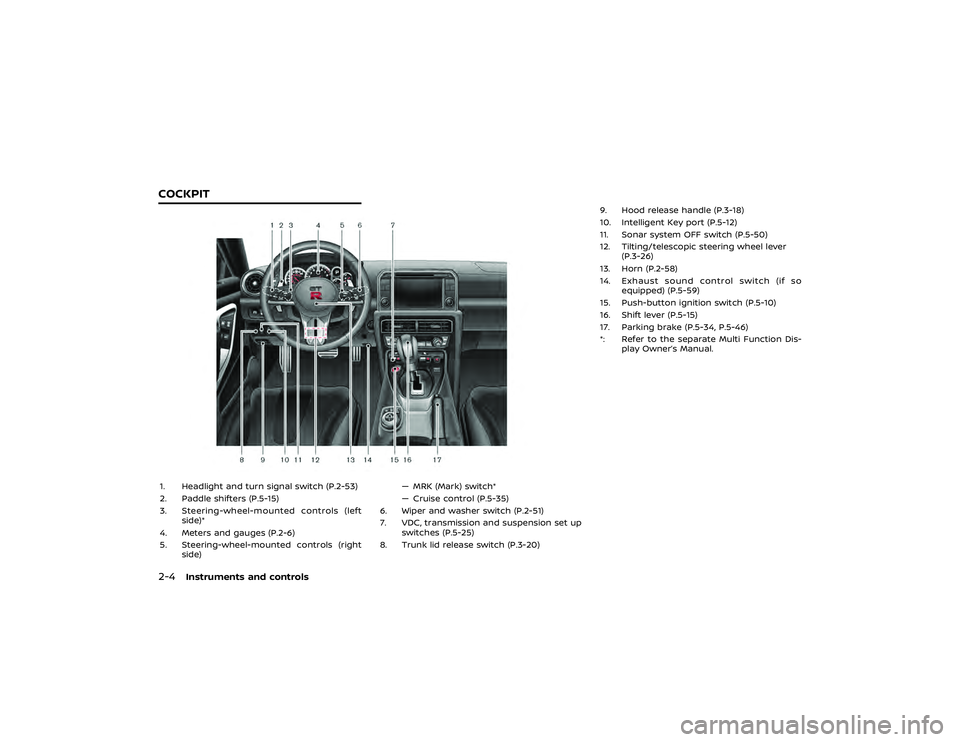 NISSAN GT-R 2022  Owners Manual position.
3. To help prevent the vehicle from roll- ing into the street when parked on a
sloping drive way, it is a good practice
to turn the wheels as illustrated.
.
HEADED DOWNHILL WITH CURB:Turn th