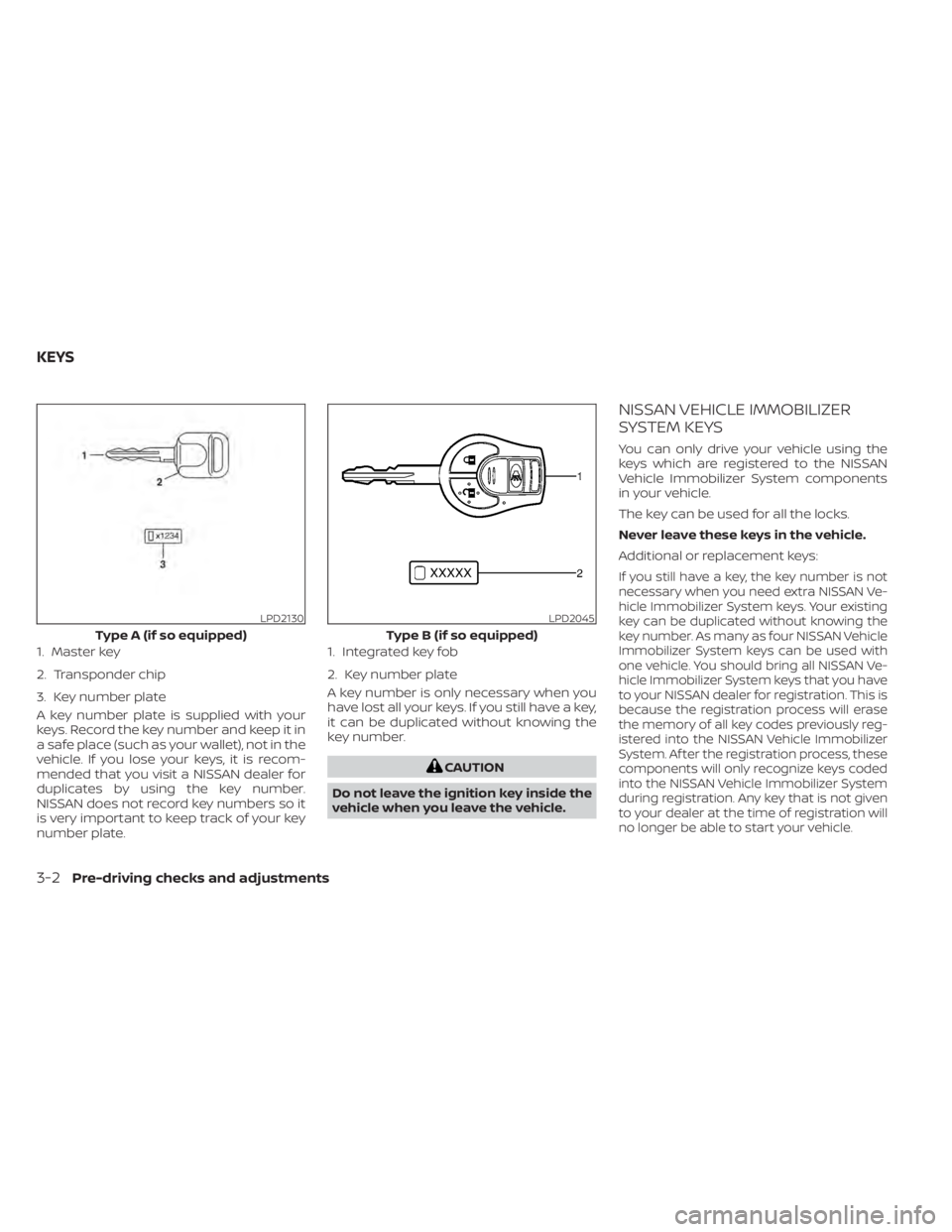 NISSAN NV200 2021  Owners Manual A key number plate is supplied with your
keys. Record the key number and keep it in
a safe place (such as your wallet), not in the
vehicle. If you lose your keys, it is recom-
mended that you visit a 