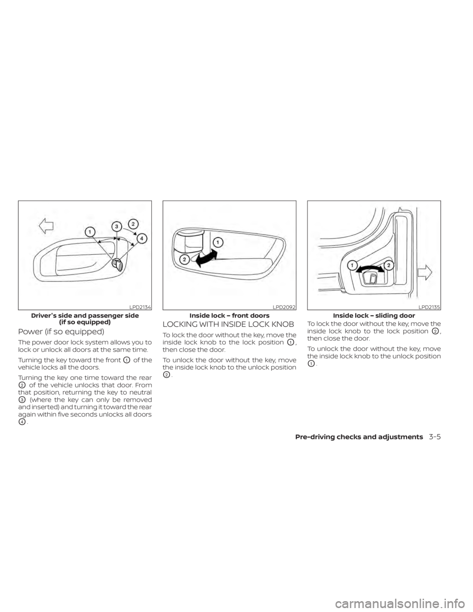 NISSAN NV200 2021  Owners Manual LPD2134
Driver's side and passenger side(if so equipped)
Pre-driving checks and adjustments3-5 