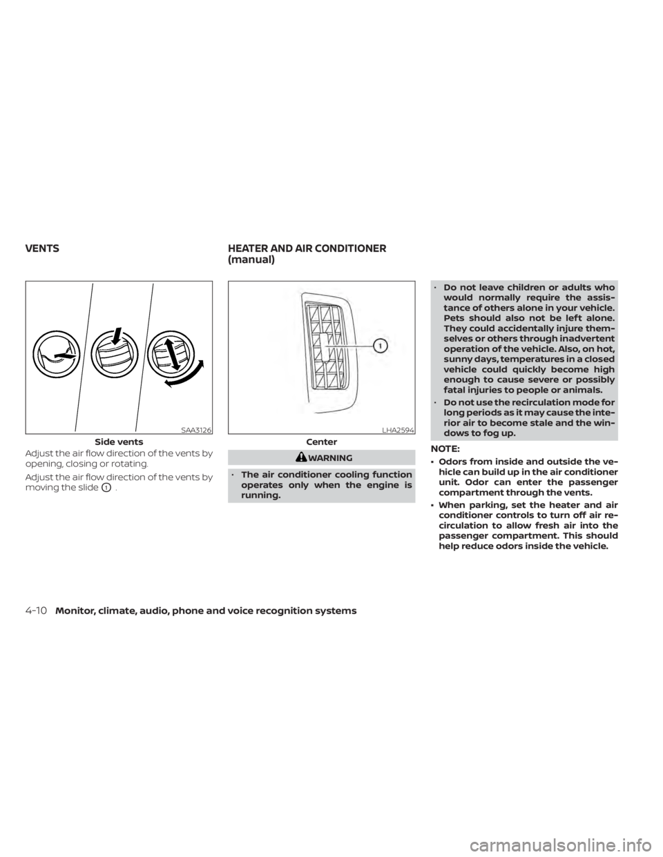NISSAN NV200 2021 Owners Manual Adjust the air flow direction of the vents by
opening, closing or rotating.
Adjust the air flow direction of the vents by
moving the slide
O1. NISSAN NV200 2021 Owners Manual Adjust the air flow direction of the vents by
opening, closing or rotating.
Adjust the air flow direction of the vents by
moving the slide
O1.