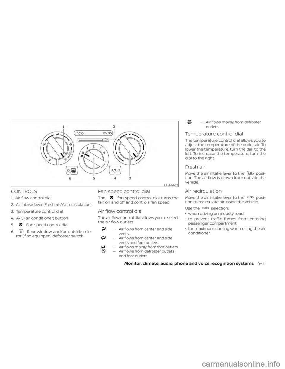 NISSAN NV200 2021 Owners Manual Fan speed control dial
6.
Rear window and/or outside mir-
ror (if so equipped) defroster switch
Fan speed control dial
Thefan speed control dial turns the
fan on and off and controls fan speed.
Air fl NISSAN NV200 2021 Owners Manual Fan speed control dial
6.
Rear window and/or outside mir-
ror (if so equipped) defroster switch
Fan speed control dial
Thefan speed control dial turns the
fan on and off and controls fan speed.
Air fl