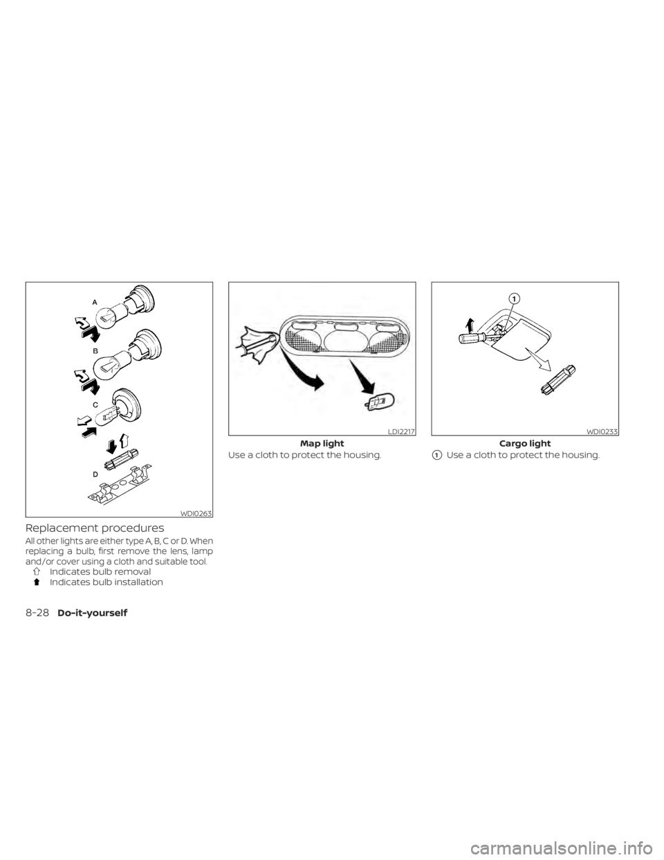 NISSAN NV200 2021 Repair Manual Indicates bulb removalIndicates bulb installationUse a cloth to protect the housing.
1Use a cloth to protect the housing.
WDI0263
LDI2217
Map light 