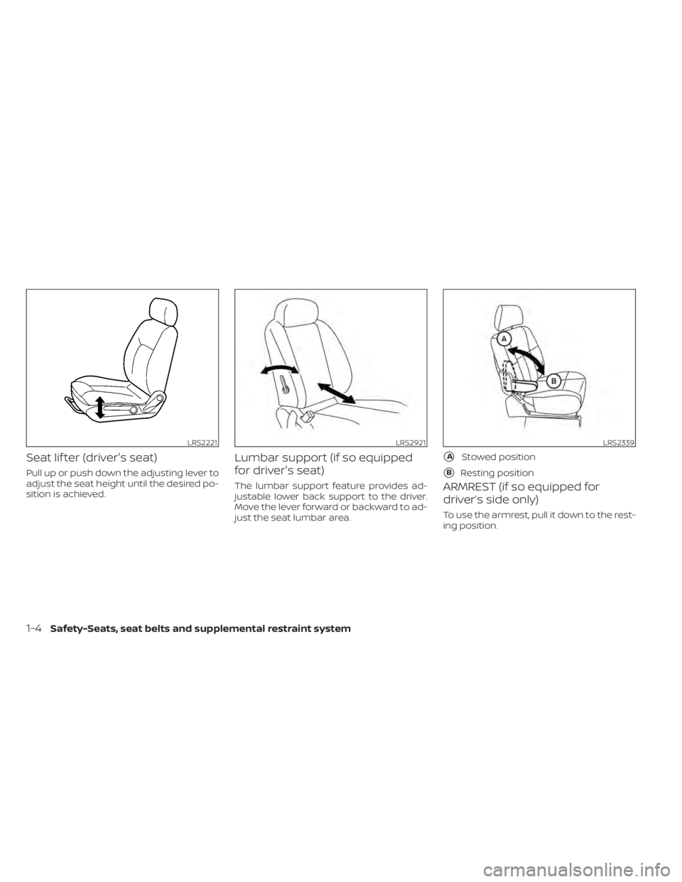 NISSAN NV200 2021 Owners Manual LRS2221LRS2921LRS2339
AStowed position
BResting position
1-4Safety-Seats, seat belts and supplemental restraint system 
