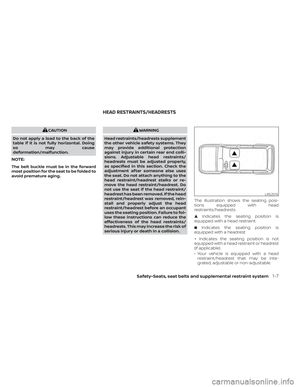 NISSAN NV200 2021 Owners Manual CAUTION
Do not apply a load to the back of the
table if it is not fully horizontal. Doing
so may cause
deformation/malfunction.
NOTE:
The belt buckle must be in the forward
most position for the seat 