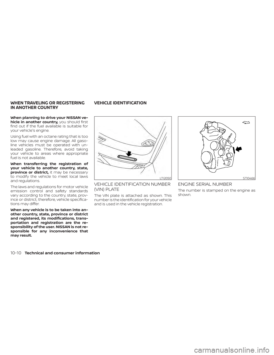 NISSAN NV200 2021  Owners Manual LTI2050STI0466
WHEN TRAVELING OR REGISTERING
IN ANOTHER COUNTRYVEHICLE IDENTIFICATION 