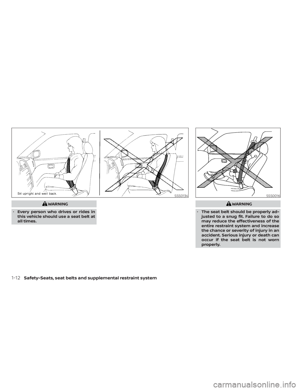 NISSAN NV200 2021 Owners Guide WARNING
• Every person who drives or rides in
this vehicle should use a seat belt at
all times.WARNING
• The seat belt should be properly ad-
justed to a snug fit. Failure to do so
may reduce the NISSAN NV200 2021 Owners Guide WARNING
• Every person who drives or rides in
this vehicle should use a seat belt at
all times.WARNING
• The seat belt should be properly ad-
justed to a snug fit. Failure to do so
may reduce the