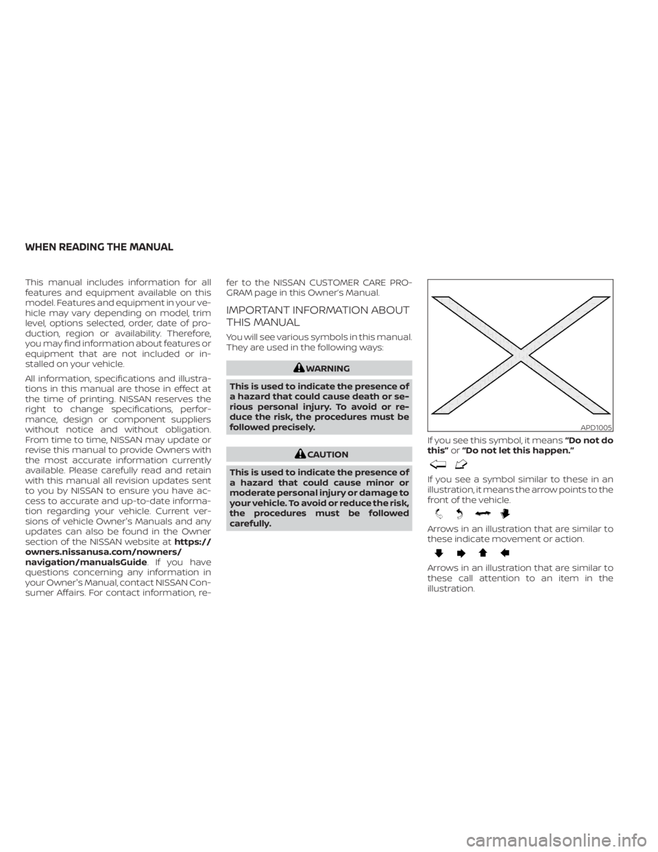 NISSAN NV200 2021 Owners Manual This manual includes information for all
features and equipment available on this
model. Features and equipment in your ve-
hicle may vary depending on model, trim
level, options selected, order, date NISSAN NV200 2021 Owners Manual This manual includes information for all
features and equipment available on this
model. Features and equipment in your ve-
hicle may vary depending on model, trim
level, options selected, order, date