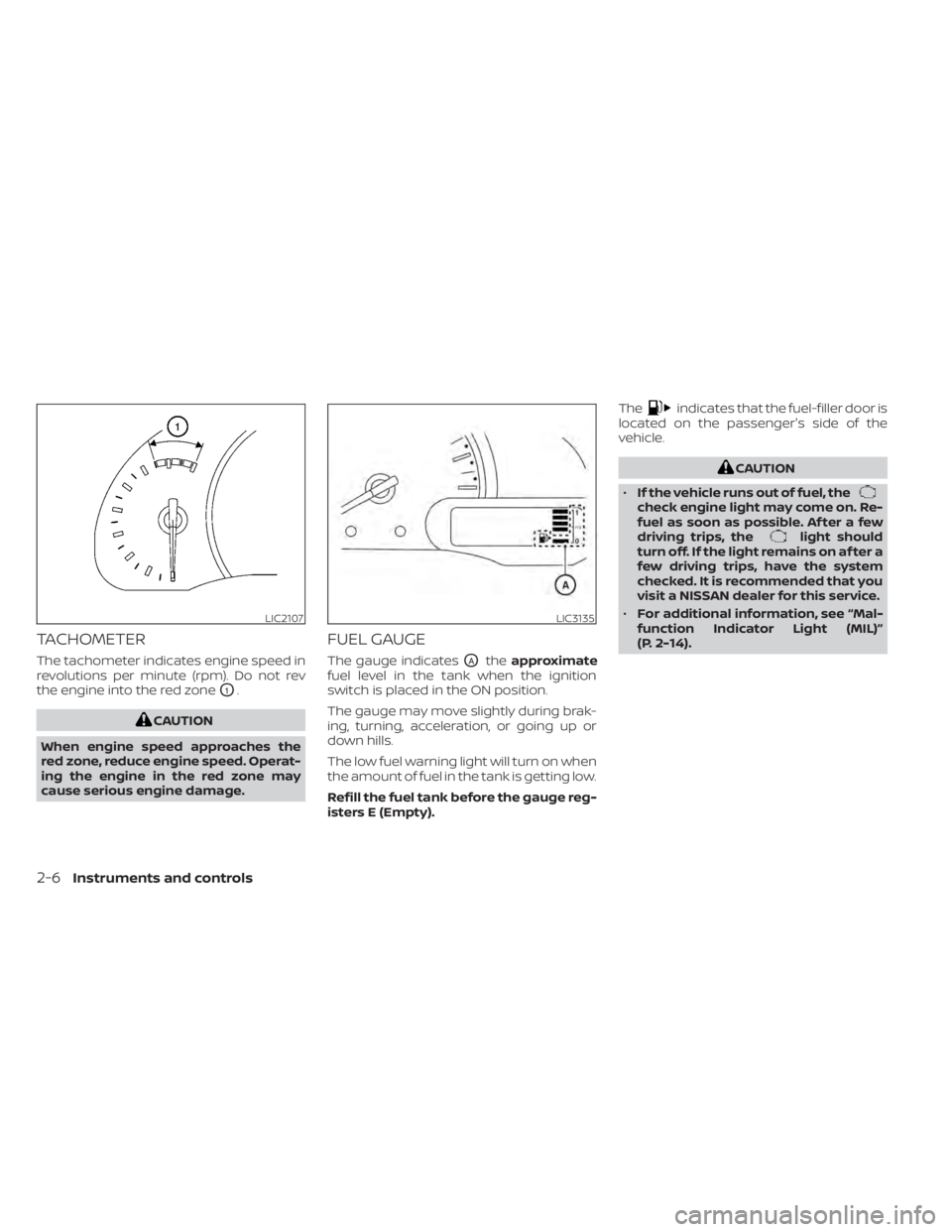 NISSAN NV200 2021 Manual PDF TACHOMETER
The tachometer indicates engine speed in
revolutions per minute (rpm). Do not rev
the engine into the red zone
O1.
indicates that the fuel-filler door is
located on the passenger's side