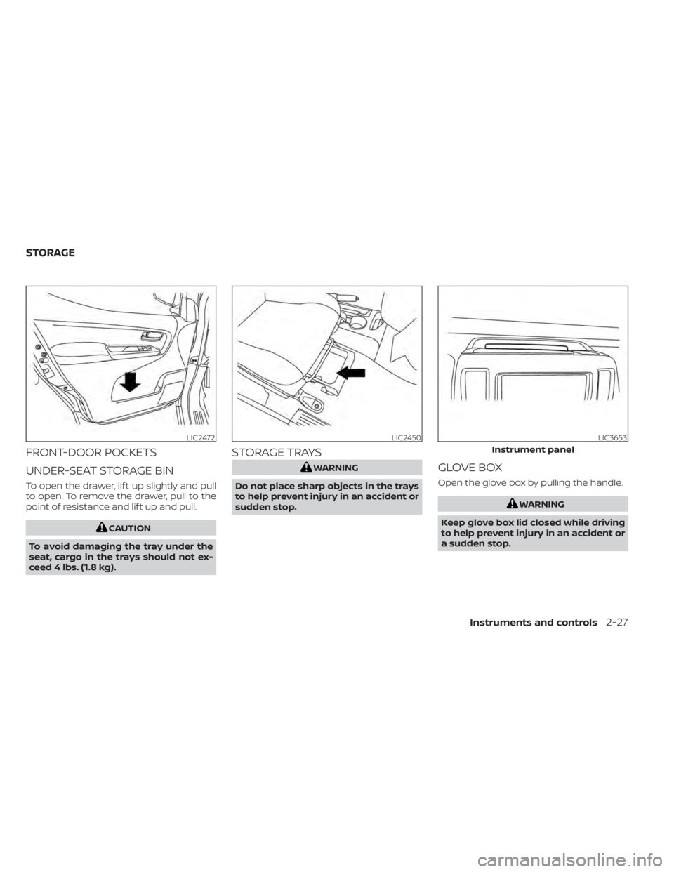 NISSAN NV200 2021  Owners Manual FRONT-DOOR POCKETS
UNDER-SEAT STORAGE BIN
To open the drawer, lif t up slightly and pull
to open. To remove the drawer, pull to the
point of resistance and lif t up and pull.
LIC2450LIC3653
Instrument
