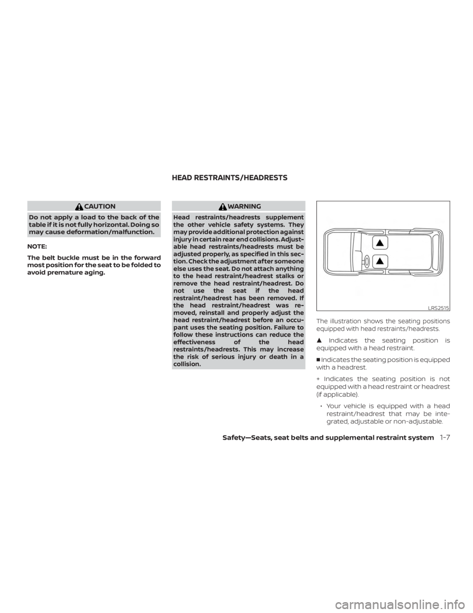 NISSAN NV200 2020 Owners Manual CAUTION
Do not apply a load to the back of the
table if it is not fully horizontal. Doing so
may cause deformation/malfunction.
NOTE:
The belt buckle must be in the forward
most position for the seat 