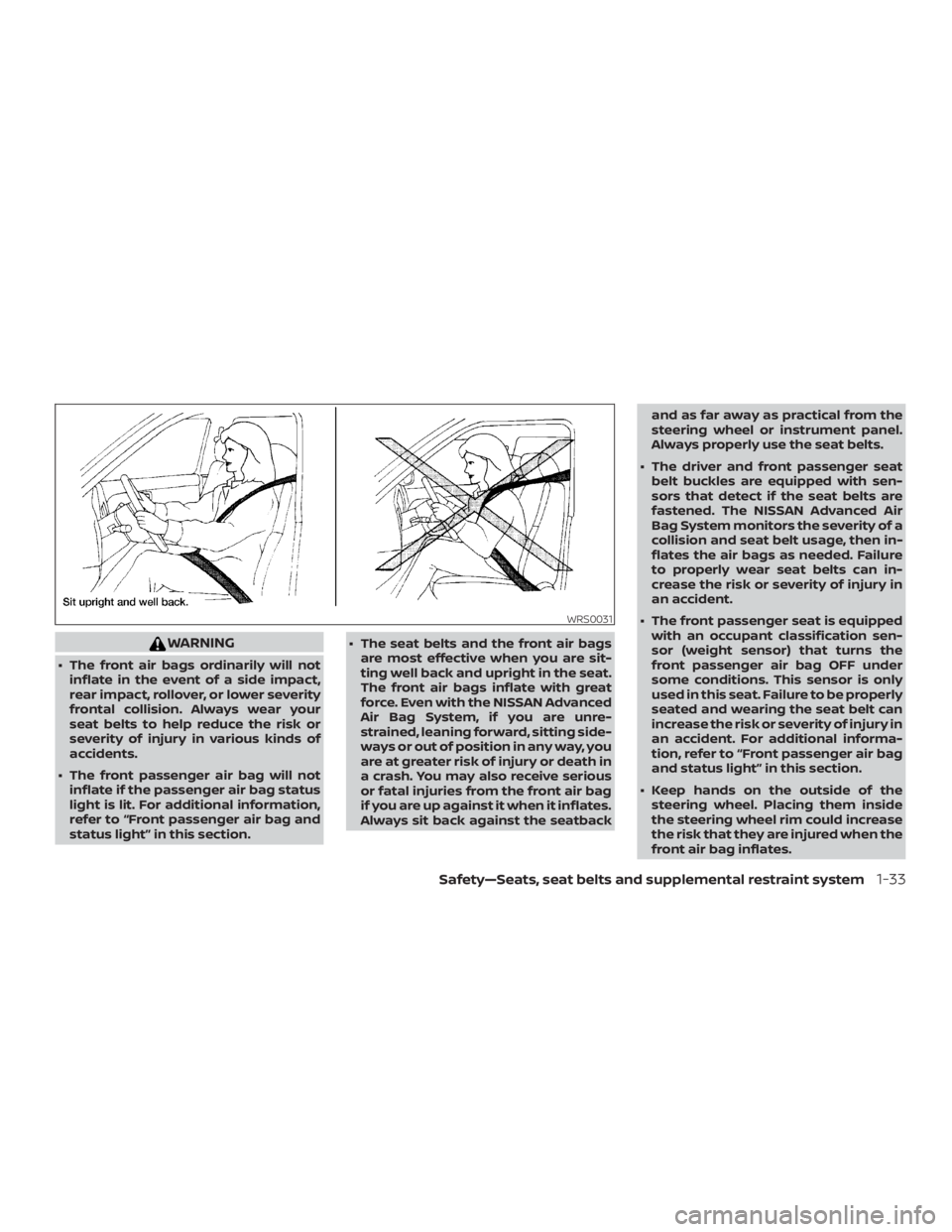 NISSAN NV200 2020 Workshop Manual WARNING
∙ The front air bags ordinarily will notinflate in the event of a side impact,
rear impact, rollover, or lower severity
frontal collision. Always wear your
seat belts to help reduce the risk