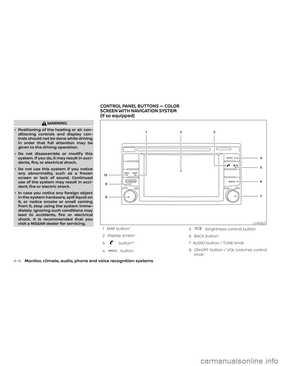 NISSAN NV200 2019  Owners Manual button**
4.
button5.
(brightness control) button
6. BACK button
7. AUDIO button / TUNE knob
8. ON€OFF button / VOL (volume) control
knob
LHA3621
CONTROL PANEL BUTTONS — COLOR
SCREEN WITH NAVIGATIO