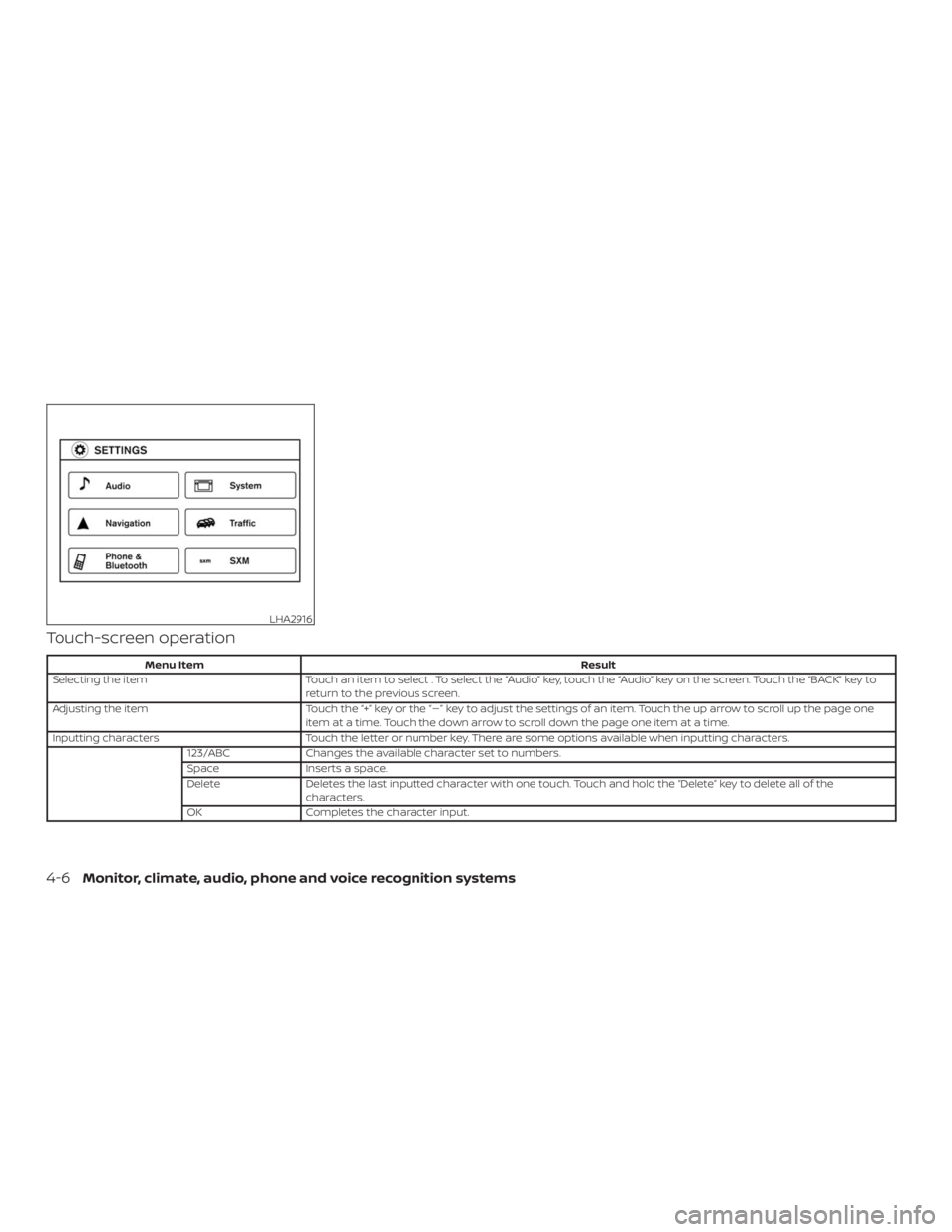 NISSAN NV200 2019  Owners Manual LHA2916
4-6Monitor, climate, audio, phone and voice recognition systems 