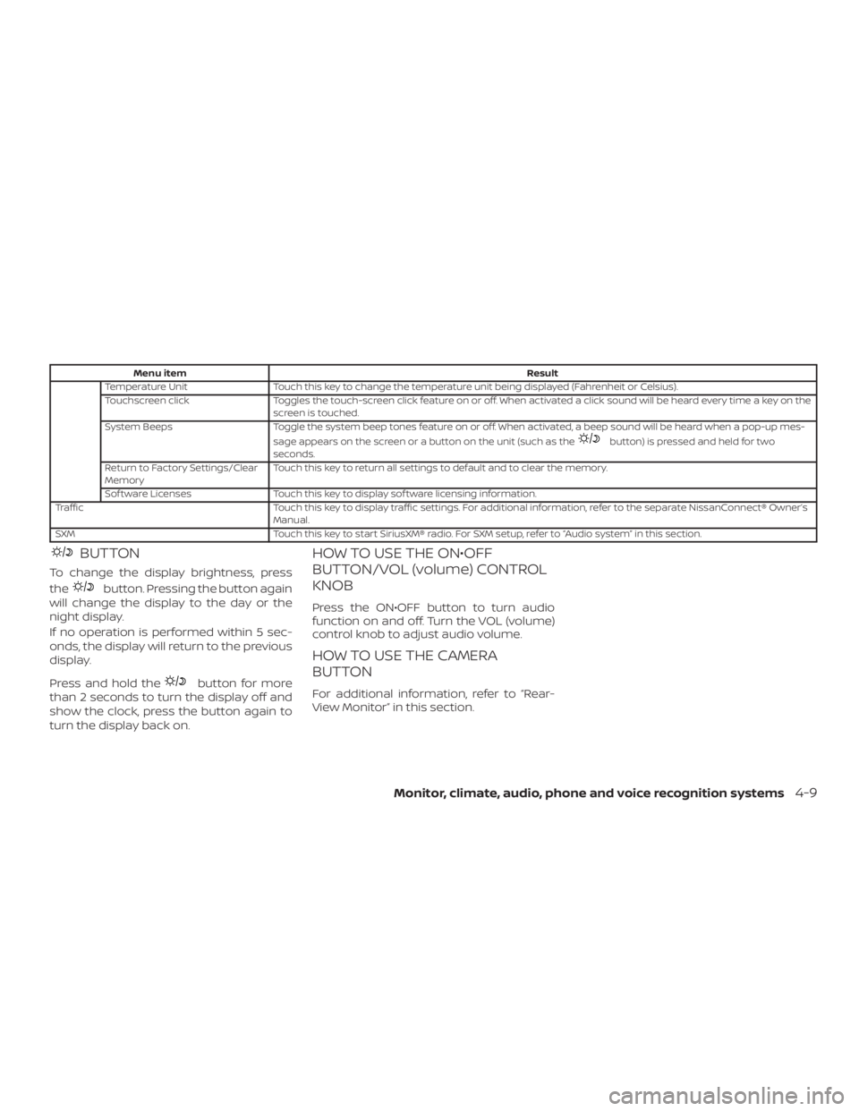 NISSAN NV200 2019  Owners Manual button) is pressed and held for two
seconds.
Return to Factory Settings/Clear
MemoryTouch this key to return all settings to default and to clear the memory.
Sof tware Licenses Touch this key to displ