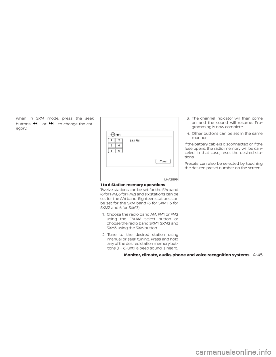NISSAN NV200 2019  Owners Manual orto change the cat-
egory.
1 to 6 Station memory operations
Twelve stations can be set for the FM band
(6 for FM1, 6 for FM2) and six stations can be
set for the AM band. Eighteen stations can
be set