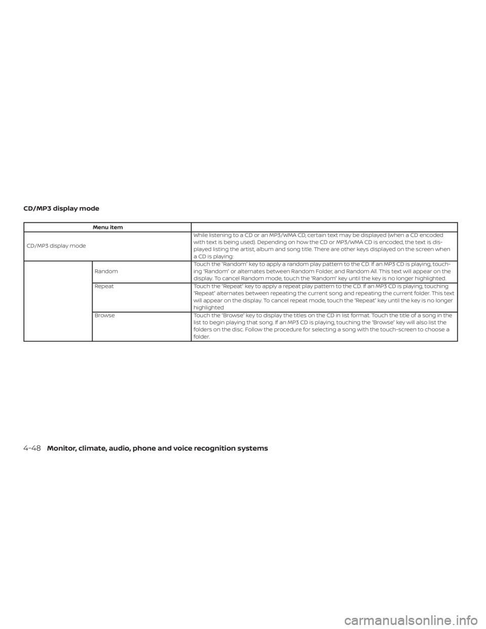 NISSAN NV200 2019  Owners Manual Menu item
CD/MP3 display modeWhile listening to a CD or an MP3/WMA CD, certain text may be displayed (when a CD encoded
with text is being used). Depending on how the CD or MP3/WMA CD is encoded, the 