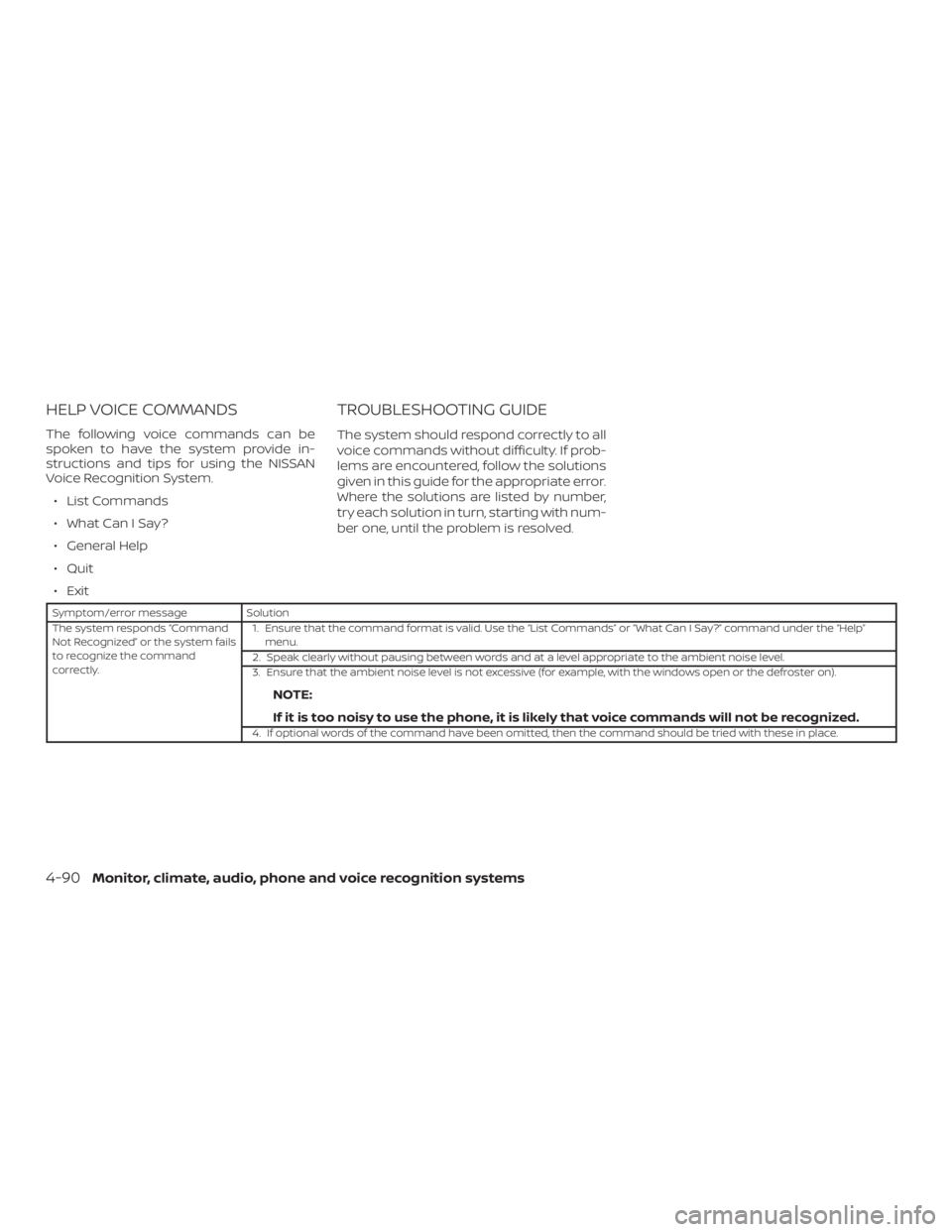 NISSAN NV200 2019  Owners Manual Symptom/error message Solution
The system responds 
Not RecognizedŽ or the system fails
to recognize the command
correctly.1. Ensure that the command format is valid. Use the  CommandsŽ or  Can I Sa
