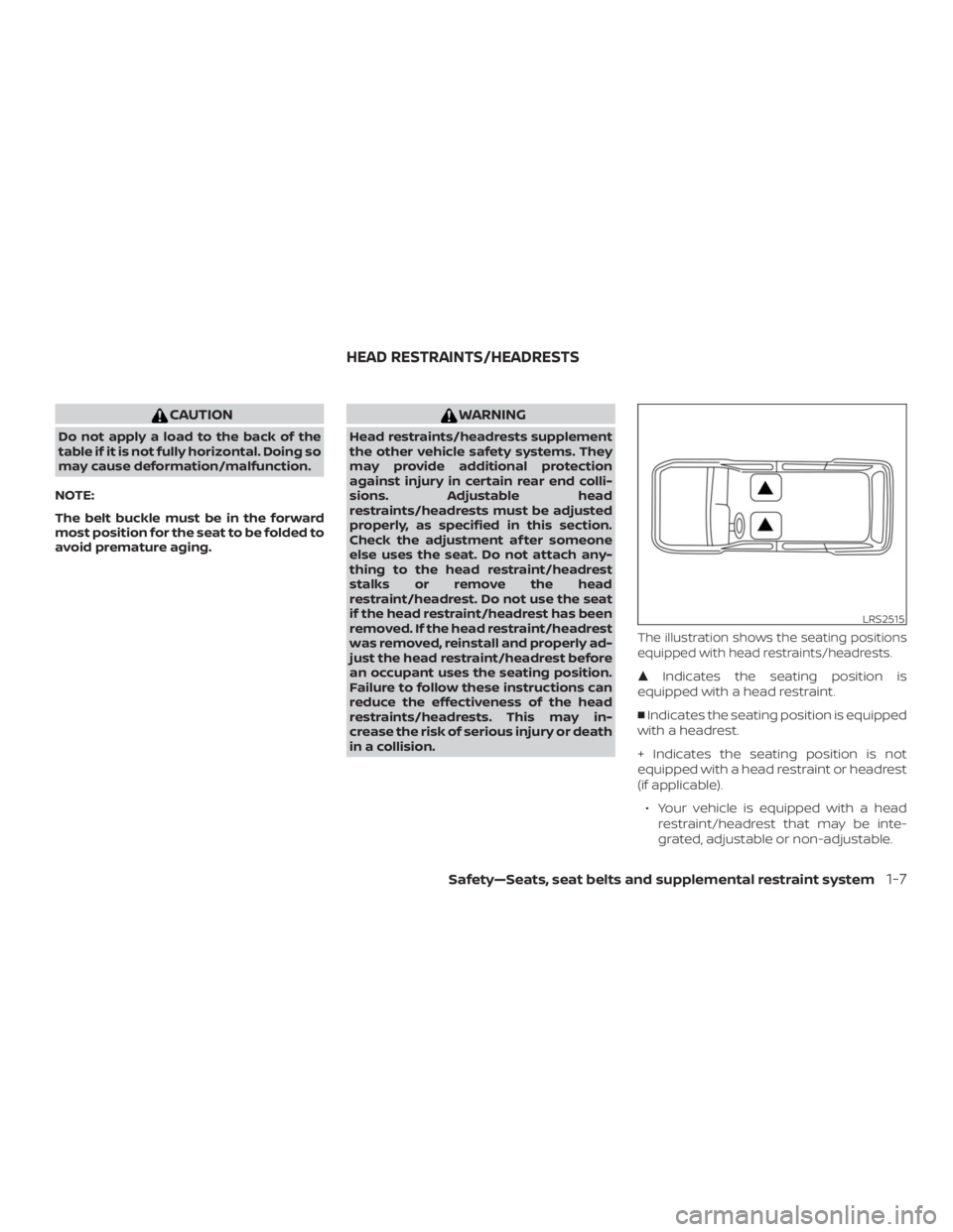 NISSAN NV200 2019 Owners Manual WARNING
Head restraints/headrests supplement
the other vehicle safety systems. They
may provide additional protection
against injury in certain rear end colli-
sions. Adjustable head
restraints/headre NISSAN NV200 2019 Owners Manual WARNING
Head restraints/headrests supplement
the other vehicle safety systems. They
may provide additional protection
against injury in certain rear end colli-
sions. Adjustable head
restraints/headre