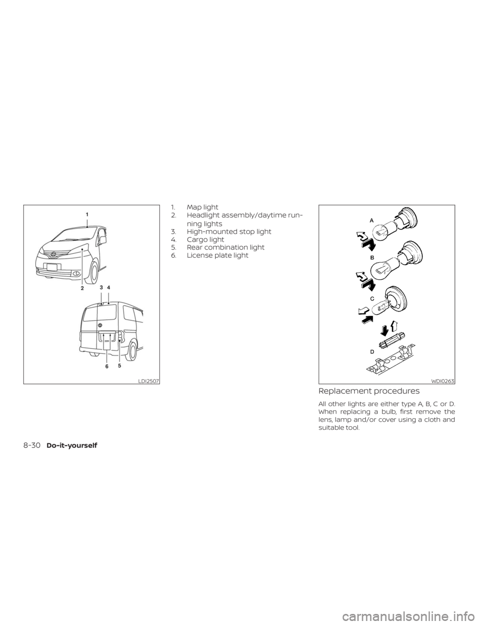 NISSAN NV200 2019  Owners Manual LDI2507WDI0263
8-30Do-it-yourself 