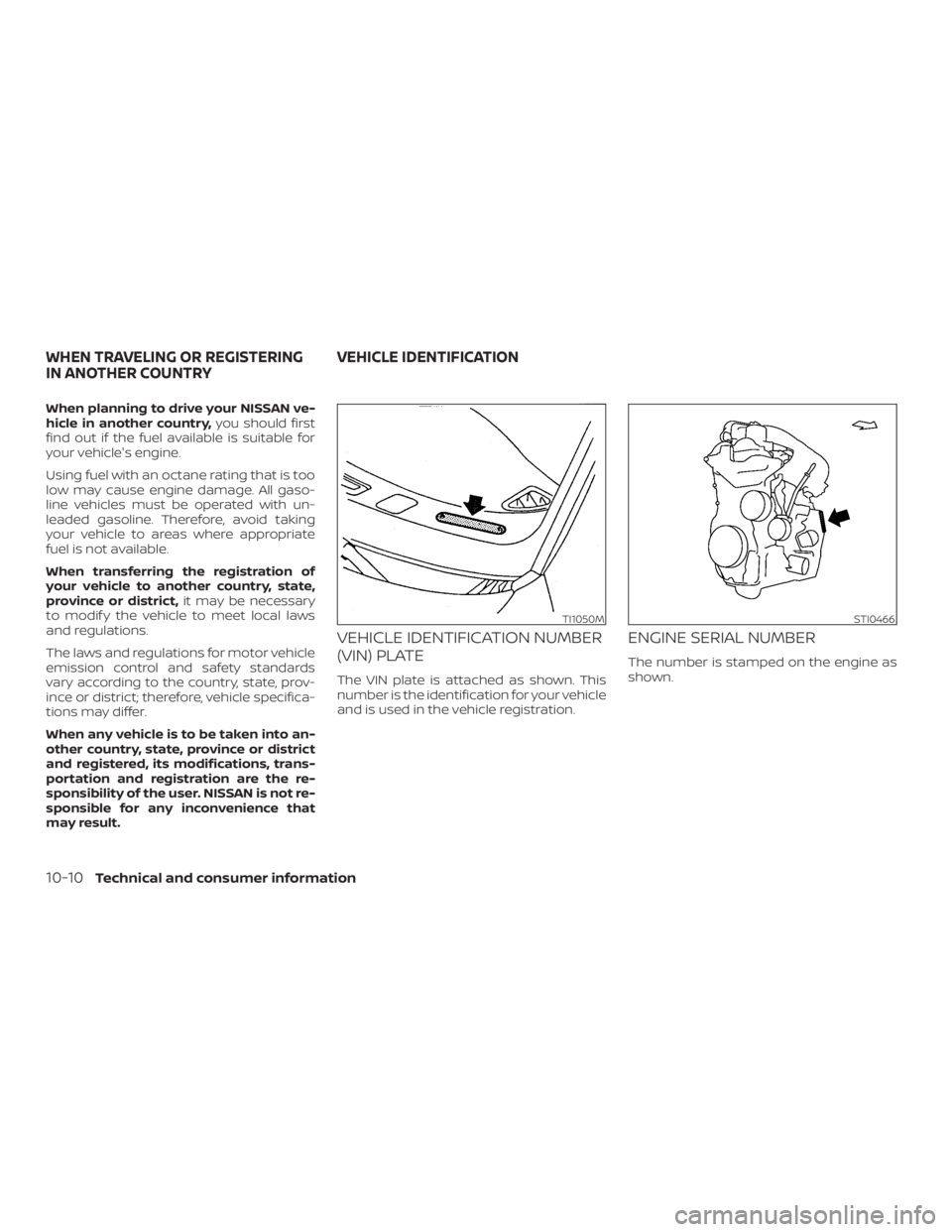 NISSAN NV200 2019 Owners Manual TI1050MSTI0466
WHEN TRAVELING OR REGISTERING
IN ANOTHER COUNTRYVEHICLE IDENTIFICATION NISSAN NV200 2019 Owners Manual TI1050MSTI0466
WHEN TRAVELING OR REGISTERING
IN ANOTHER COUNTRYVEHICLE IDENTIFICATION
