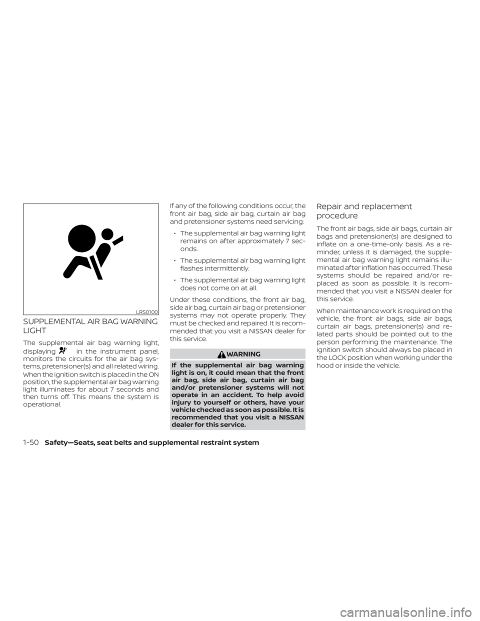 NISSAN NV200 2019  Owners Manual in the instrument panel,
monitors the circuits for the air bag sys-
tems, pretensioner(s) and all related wiring.
When the ignition switch is placed in the ON
position, the supplemental air bag warnin