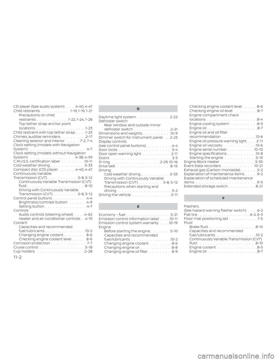 NISSAN NV200 2018 Owners Manual CD player (See audio system)....4-40,4-47
Childrestraints ...........1-19, 1-19, 1-21 Precautions on child
restraints............1-22, 1-24, 1-28
Top tether strap anchor point
locations............... NISSAN NV200 2018 Owners Manual CD player (See audio system)....4-40,4-47
Childrestraints ...........1-19, 1-19, 1-21 Precautions on child
restraints............1-22, 1-24, 1-28
Top tether strap anchor point
locations...............