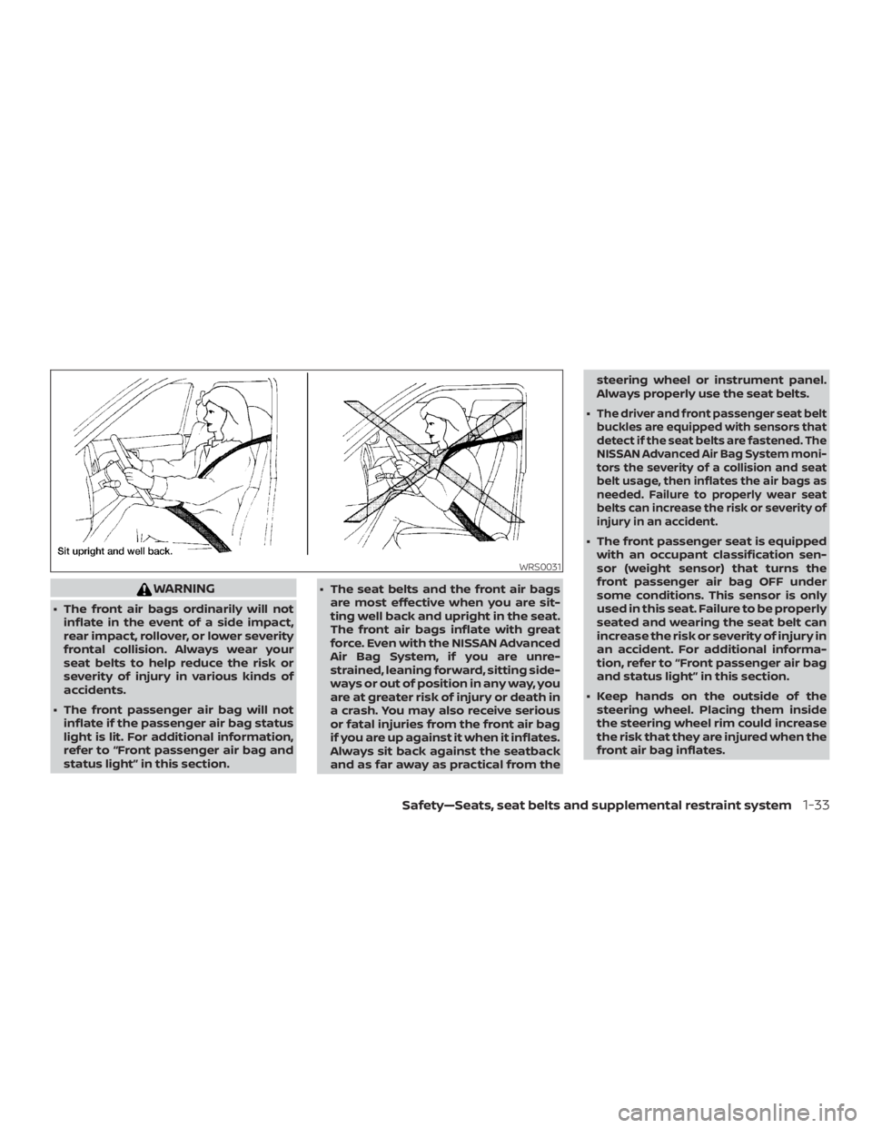 NISSAN NV200 2018 Workshop Manual WARNING
∙ The front air bags ordinarily will notinflate in the event of a side impact,
rear impact, rollover, or lower severity
frontal collision. Always wear your
seat belts to help reduce the risk NISSAN NV200 2018 Workshop Manual WARNING
∙ The front air bags ordinarily will notinflate in the event of a side impact,
rear impact, rollover, or lower severity
frontal collision. Always wear your
seat belts to help reduce the risk