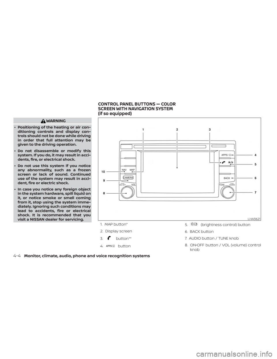 NISSAN NV200 2015  Owners Manual WARNING
∙ Positioning of the heating or air con-ditioning controls and display con-
trols should not be done while driving
in order that full attention may be
given to the driving operation.
∙ Do 