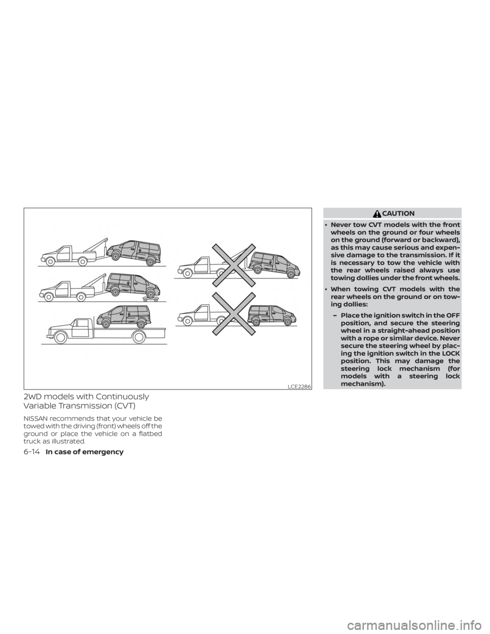 NISSAN NV200 2015  Owners Manual 2WD models with Continuously
Variable Transmission (CVT)
NISSAN recommends that your vehicle be
towed with the driving (front) wheels off the
ground or place the vehicle on a flatbed
truck as illustra